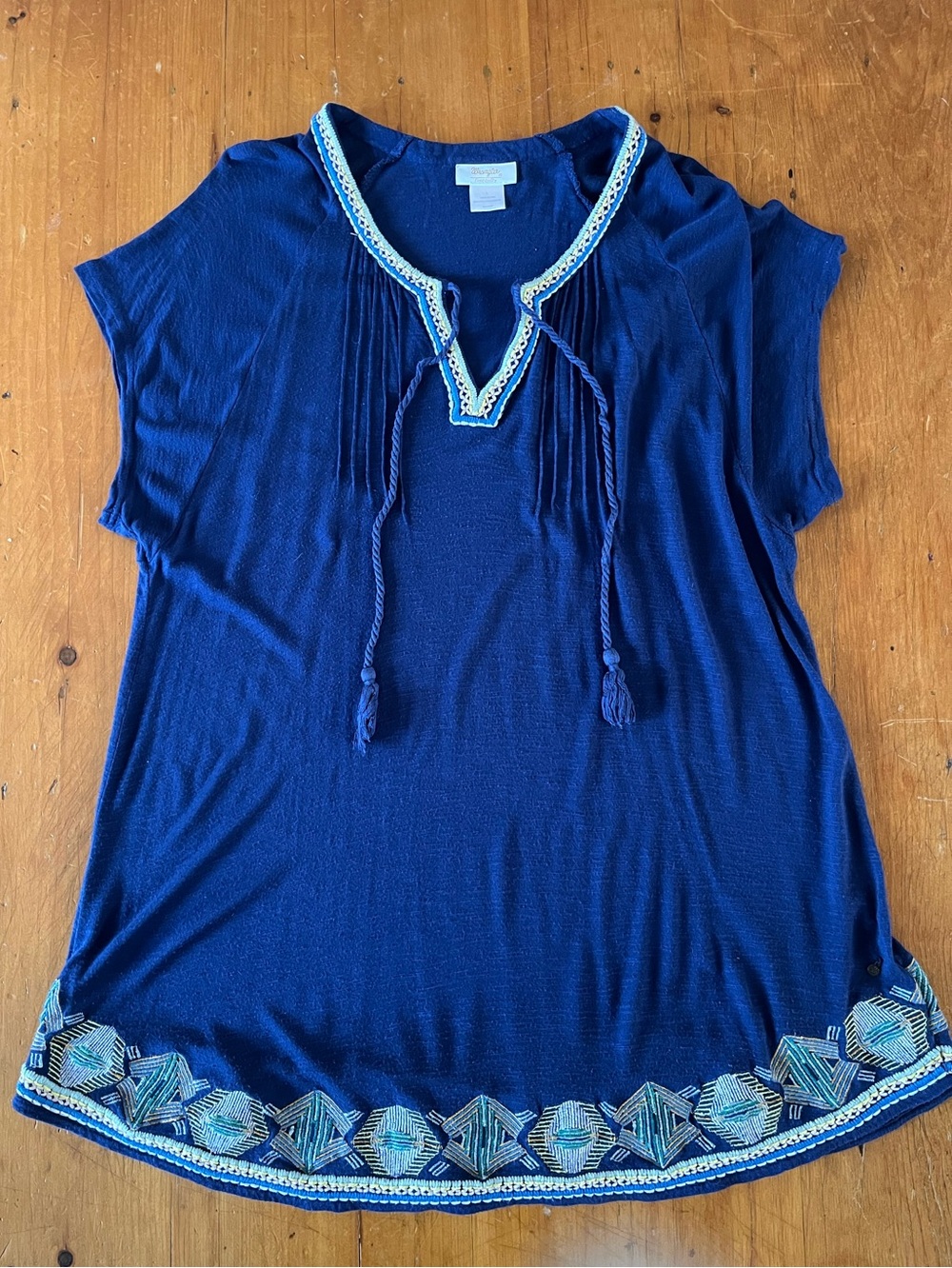 Wrangler Tunic Navy Blue Rayon with Neck Ties and Embroidery Size Large